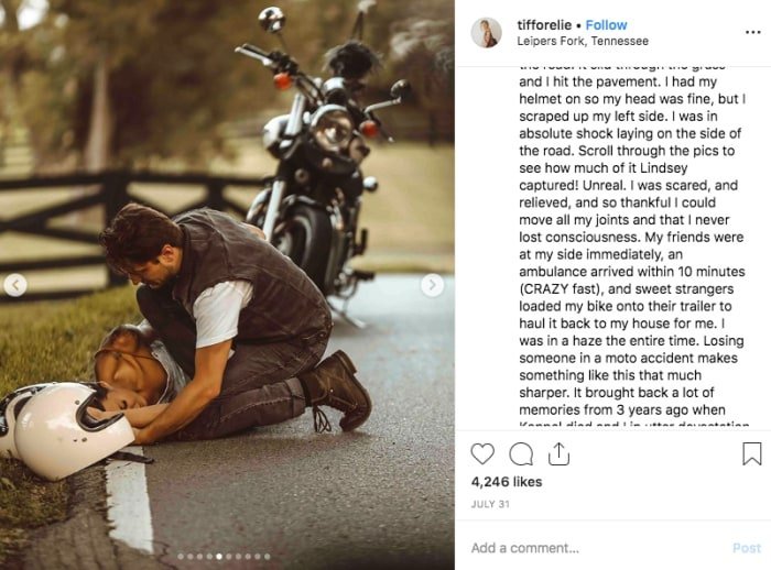 Influencer explains why her motorcycle accident turned into a branded photoshoot
